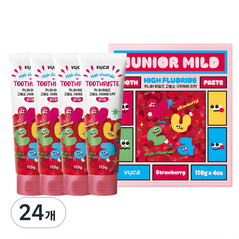 뷰카 주니어 마일드 고불소 구취케어 치약 딸기향 4p, 110g, 24개