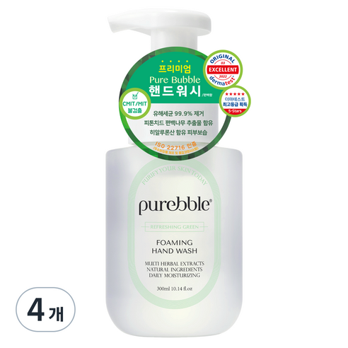 퓨어블 프리미엄 포밍 핸드워시 청량한 그린 편백향 본품, 4개, 300ml
