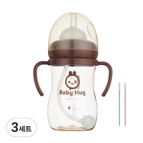 하이비 베이비 허그 빨대컵 + 빨대솔 2p 세트, 브라운, 3세트