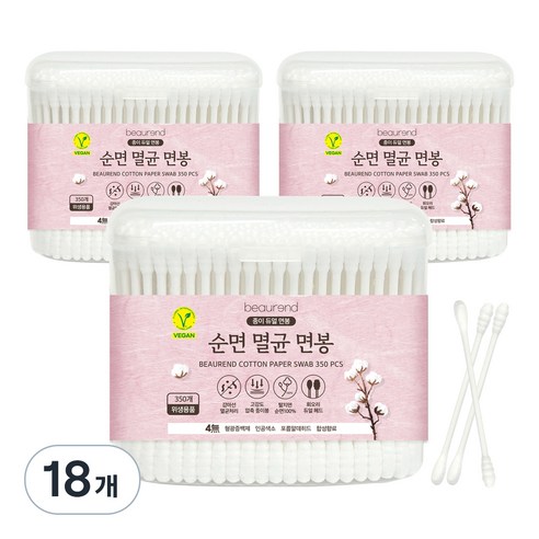 뷰렌드 비건 순면 멸균 종이 면봉, 350개입, 18개