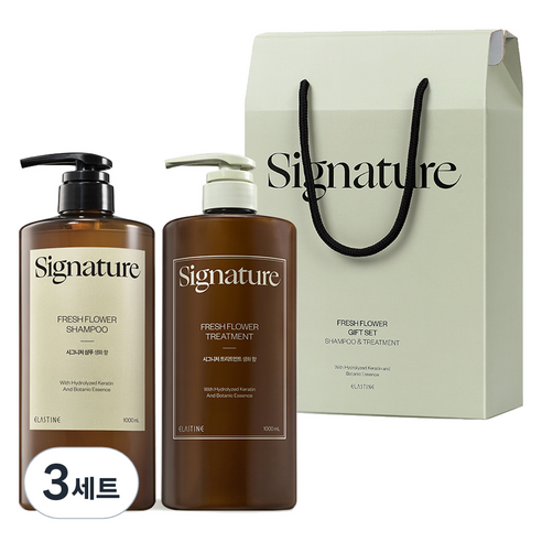 엘라스틴 시그니처 두피 앤 손상 클리닉 약산성 샴푸 1L + 극손상 헤어팩 트리트먼트 1L + 기프트 박스 세트, 3세트