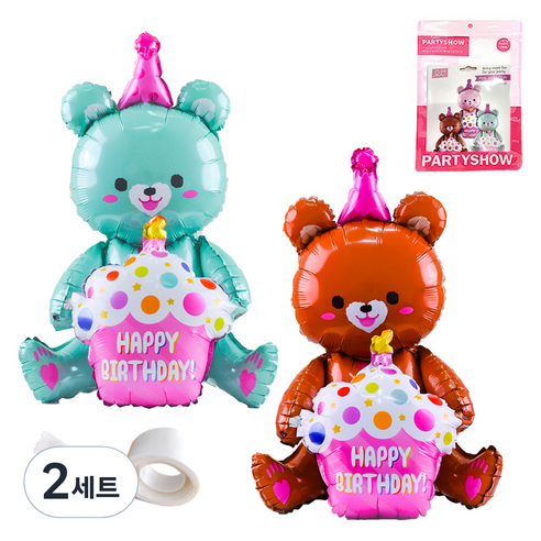 파티쇼 생일파티 곰돌이 은박 풍선 컵케익 2p + 글루닷 접착 스티커 세트, 민트(곰돌이 은박 풍선), 브라운(곰돌이 은박 풍선), 2세트
