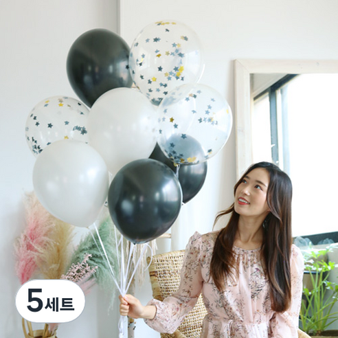 파티해 펄 혼합 모던믹스 스타 컨페티 풍선 30p + 손펌프 랜덤발송 + 컬링리본 소형 화이트 + 스펀지닷 25p 세트, 골드, 5세트