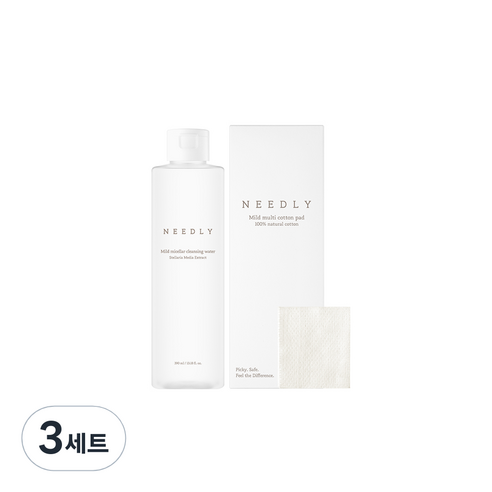 니들리 마일드 미셀라 클렌징 워터 390ml + 멀티 코튼 패드 홀타입 100p 세트, 3세트
