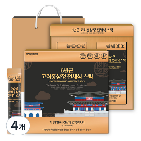 개성고려삼인 6년근 고려홍삼정 전체식 스틱 + 쇼핑백, 360g, 4개