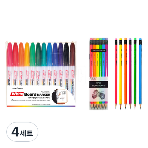 문화연필 세필보드마카 12종 세트 + 투코비 코마 삼각 지우개 연필 TC-208 B 12종, 12종(마카), 혼합색상(연필), 4세트