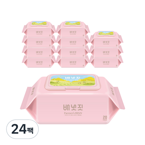 배냇짓 파머스 빈 핑크 55 유아물티슈 휴대캡형 55gsm, 20매, 24팩