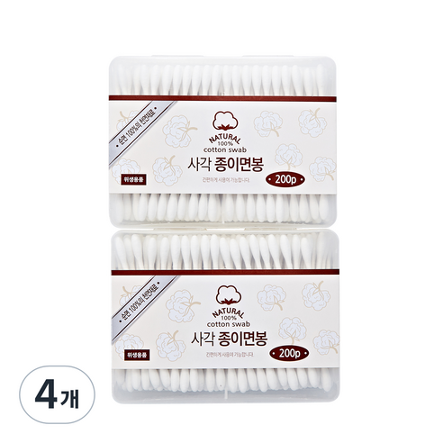 리빙웰 종이사각면봉, 200개입, 4개