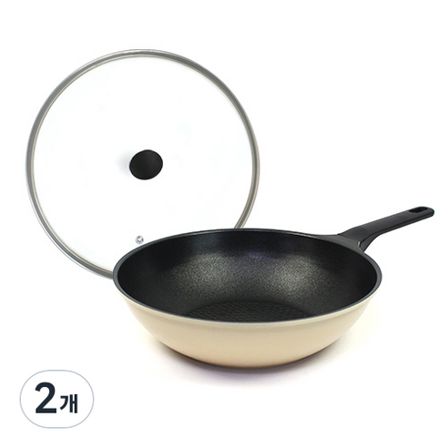키친아트 모던베이지 IH 프리미엄 쿡웨어 궁중팬 + 유리뚜껑 세트, 28 cm, 2개