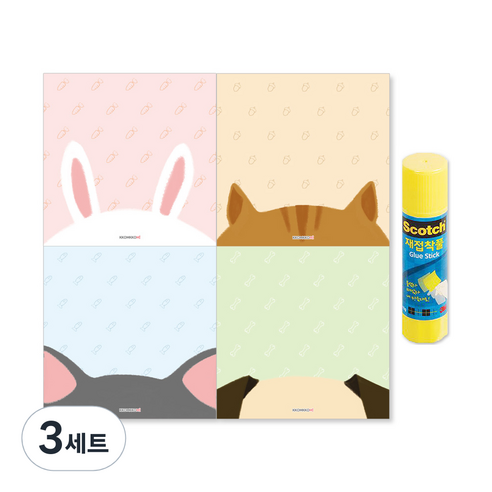 꼼꼬미 피카부 애니멀 떡메모지 4종 + 재접착풀 세트, 혼합색상, 3세트