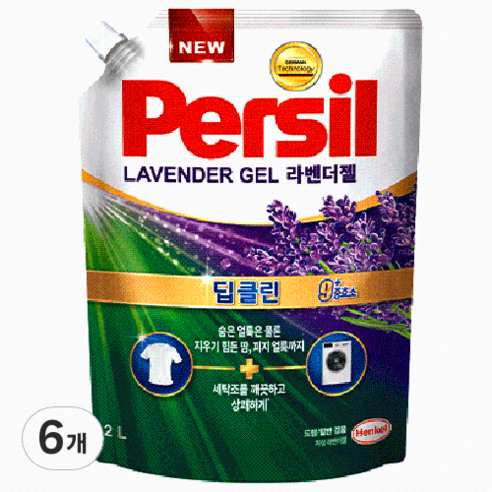 퍼실 딥클린 9중효소 라벤더젤 드럼일반겸용 액상세제 리필, 2L, 6개