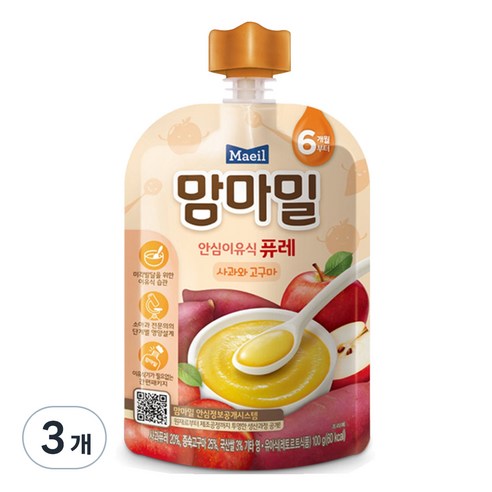 맘마밀 안심 이유식 퓨레 6개월부터 100g, 혼합맛(사과/고구마), 3개