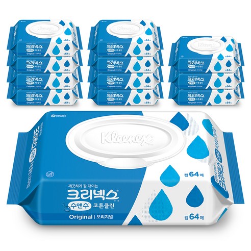 크리넥스 수앤수 코튼클린 물티슈 캡형, 64매, 12개