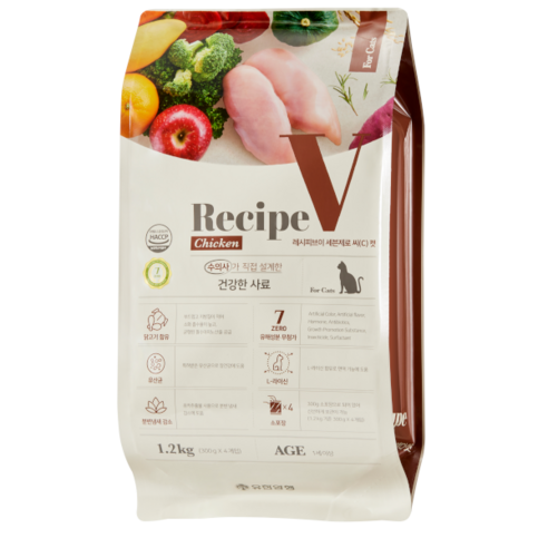 유한양행레시피브이 세븐제로 고양이 건식사료, 닭, 1.2kg, 2개