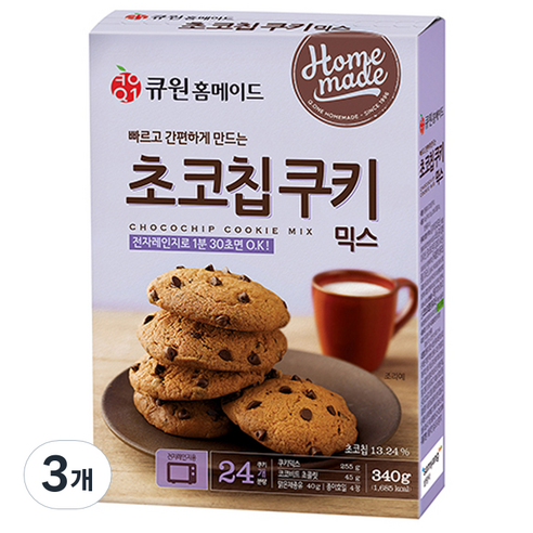큐원 홈메이드 초코칩쿠키믹스 전자레인지용, 3개, 340g
