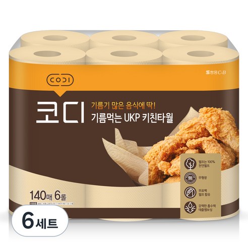 코디 기름먹는 UKP 천연펄프 키친타월, 6롤, 6세트