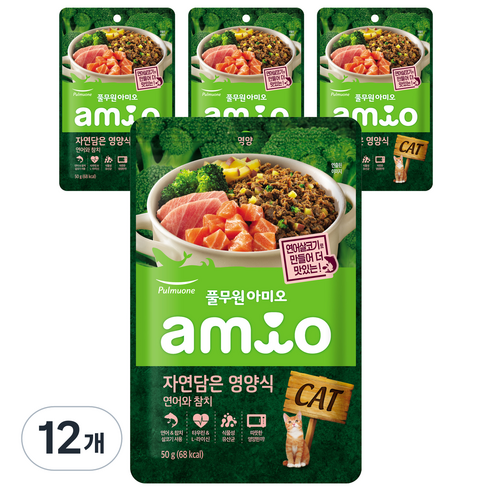 풀무원아미오 고양이 자연담은영양식 연어와 참치 습식사료, 50g, 12개