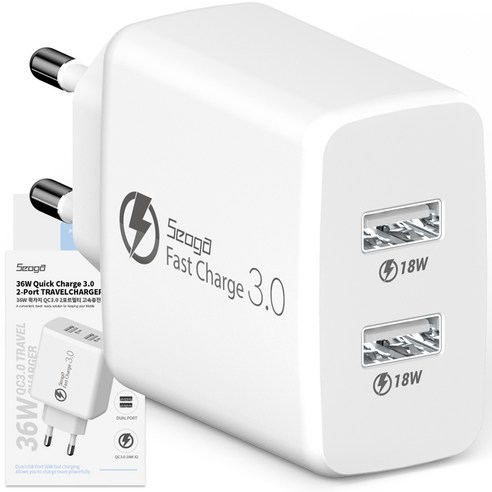 서가 36W 퀵차지 QC3.0 2포트 멀티 18W+18W 동시 USB 고속 충전기, 화이트, 1개