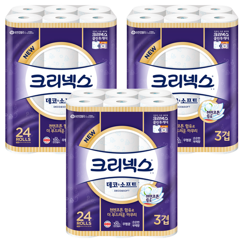 크리넥스 3겹 데코&소프트 천연펄프 고급롤화장지, 28m, 24개입, 3개