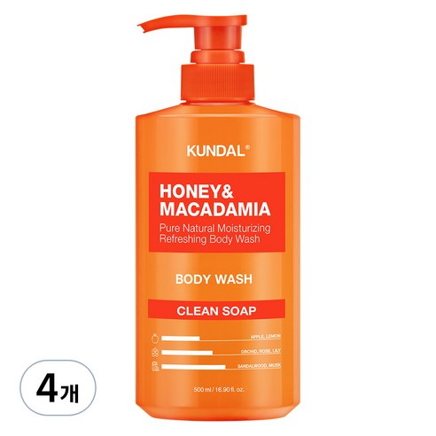 쿤달 허니 앤 마카다미아 퓨어 바디워시 클린솝, 500ml, 4개
