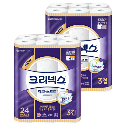 크리넥스 3겹 데코&소프트 천연펄프 고급롤화장지, 28m, 24개입, 2개