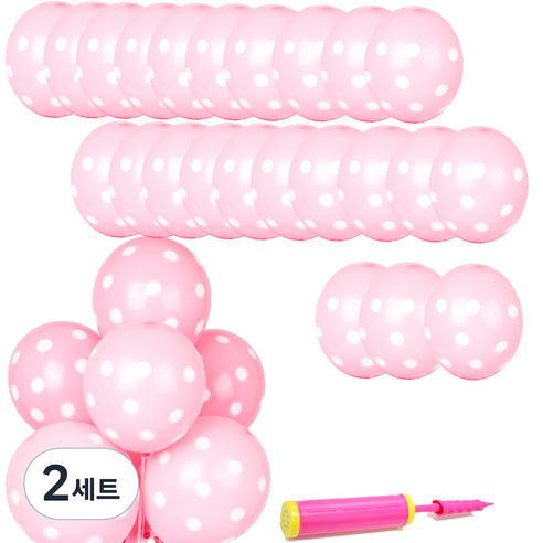 네오텍스 파티쇼 도트 인쇄 풍선 30cm 30p + 손펌프 세트, 풍선(핑크), 손펌프(랜덤 발송), 2세트