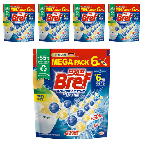 브레프 파워액티브 변기 세정제 레몬향 6p, 300g, 5개