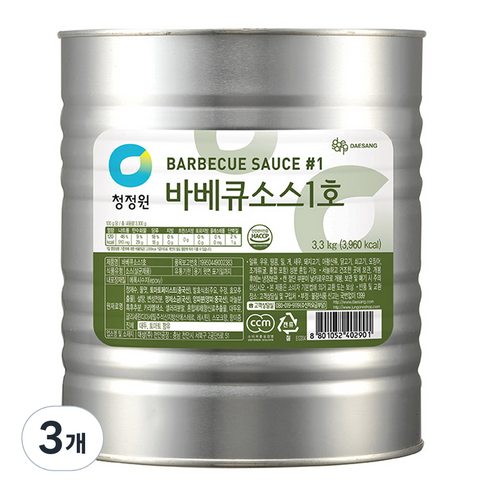 대상 청정원 바베큐 소스 1호, 3.3kg, 3개