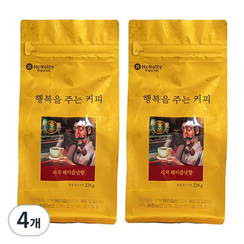 맥널티커피 리치 헤이즐넛향 분쇄 원두커피, 핸드드립, 226g, 226ml, 4개