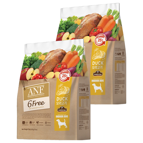 ANF 생후 4개월 이상 인도어 독 식스프리 건식사료, 오리, 2kg, 2개