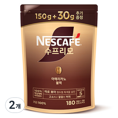 네스카페 수프리모 아메리카노 블랙 파우치, 180g, 2개, 1개입 
커피/원두/차