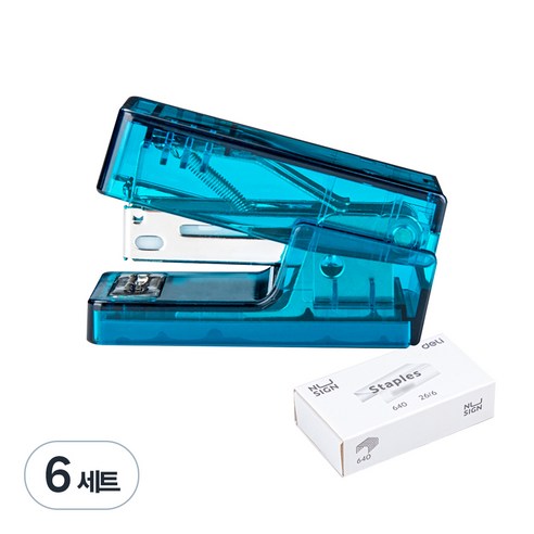 DELI 누사인 투명 미니 스테이플러 + 33호심 세트, 투명 블루, 6세트