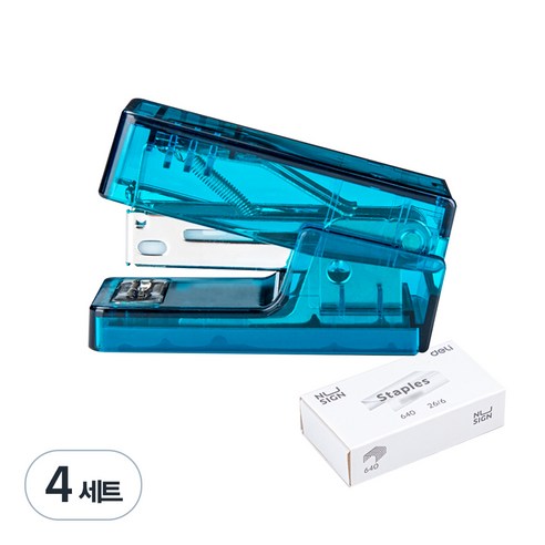 DELI 누사인 투명 미니 스테이플러 + 33호심 세트, 투명 블루, 4세트