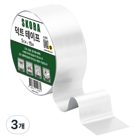 스코라 덕트 테이프 화이트 5cm x 15m, 3개