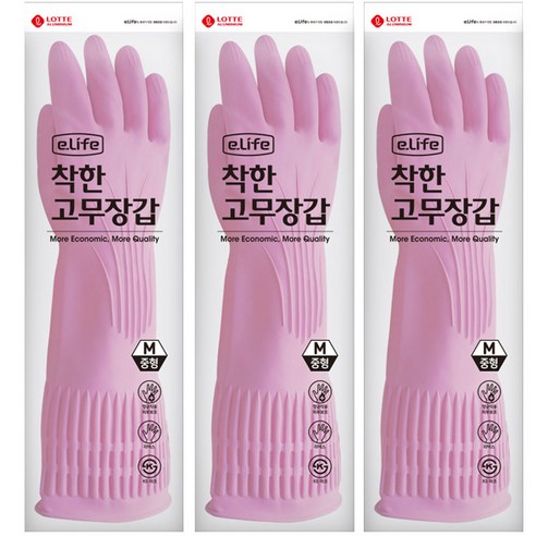 롯데이라이프 착한 고무장갑 대, 핑크, 대(L), 3개