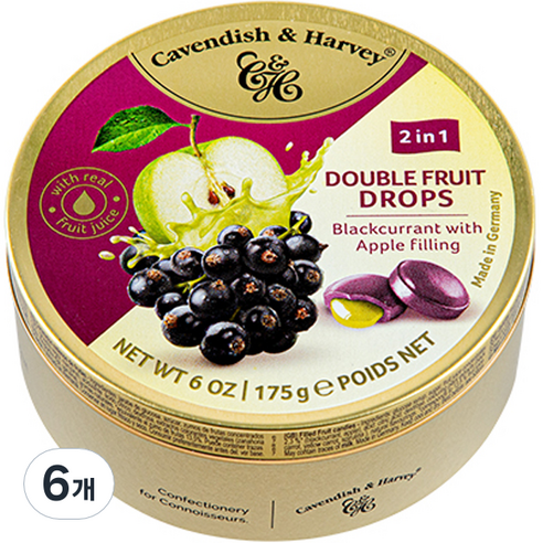 캐빈디쉬앤하비 더블프룻 블랙커런트맛 캔디 사과맛필링, 175g, 6개
