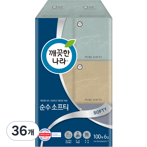 깨끗한나라 펄프 순수 소프티 미용티슈 2겹, 100개입, 36개
