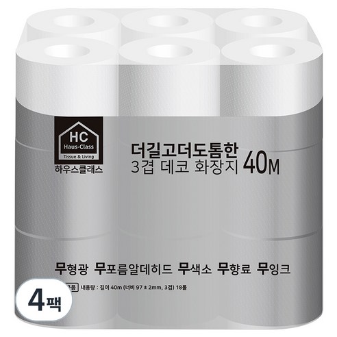 하우스클래스 더길고 더도톰한 3겹 데코 두루마리 화장지 40m, 4팩, 18롤