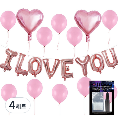 투코비 러브 장식 풍선 + 손펌프 + 고정테이프 세트, 웨딩파티 핑크, 4세트
