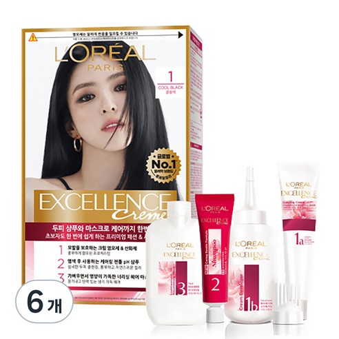 로레알파리 엑셀랑스 크림 염모제, 1호 쿨블랙, 6개