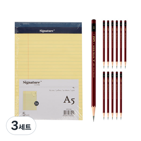 시그니처 리갈패드 A5 5p + 유니볼 연필 4H 12p, 옐로우(리갈패드), 3세트