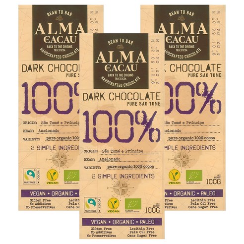 알마카카우 유기농 다크 초콜릿 100%, 100g, 3개