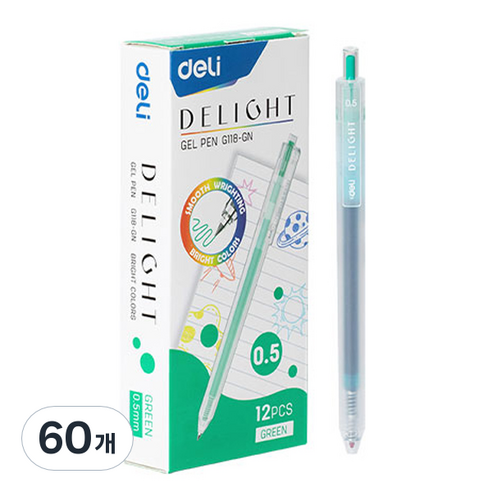 델리 델라이트 퀵드라이 노크식 젤잉크펜 0.5mm EQ118, 그린, 60개
