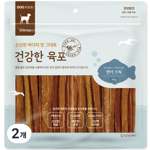 굿데이 건강한 육포 스틱 강아지간식, 연어, 300g, 2개