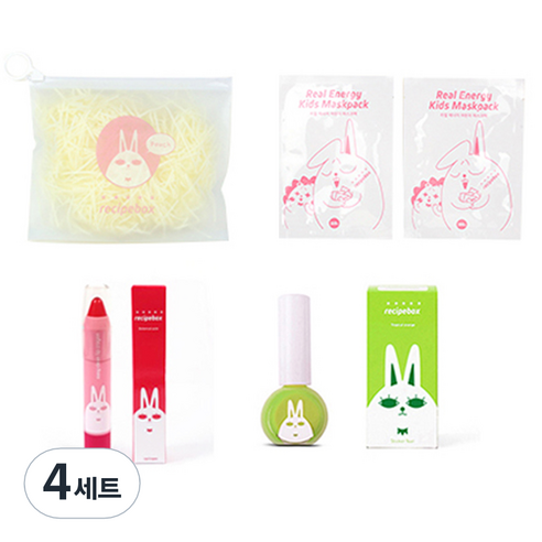레시피박스 어린이 여행용 심플 메이크업 세트, 휴대용 파우치 + 어린이 마스크팩 2p + 립크레용 + 매니큐어 프레쉬 그린, 4세트