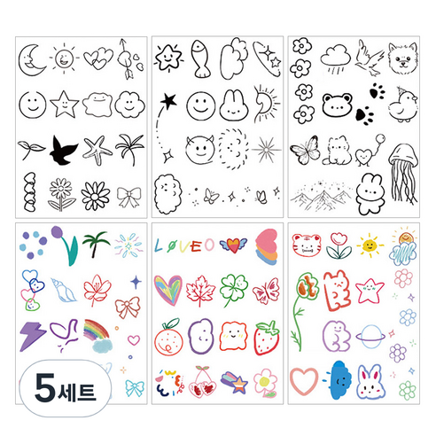 젤루나 몽글몽글 귀여운 컬러 흑백 일러스트 타투 스티커 6p 세트 T-122, 5세트, 혼합색상