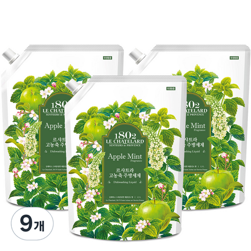 르샤트라1802 고농축 주방세제 리필 애플민트, 1.5L, 9개