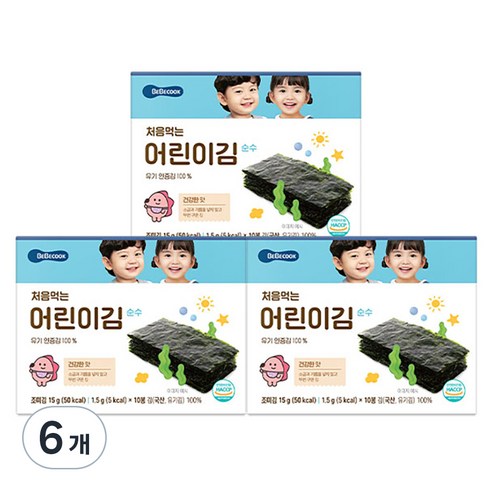 베베쿡 처음 먹는 어린이 김 순수, 45g, 6개, 김맛