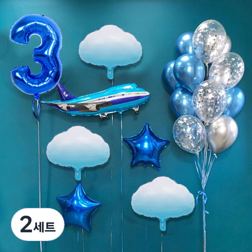 마켓감성 블루비행기테마 생일풍선세트, 타입3, 2세트