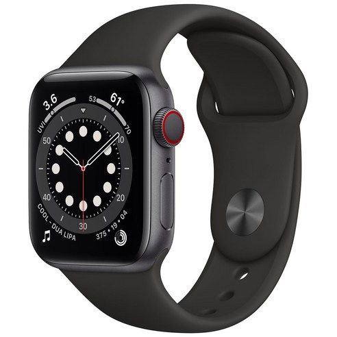 Apple 애플워치 6, 스페이스 그레이 알루미늄 케이스,블랙 스포츠 밴드, 40mm, GPS+Cellular